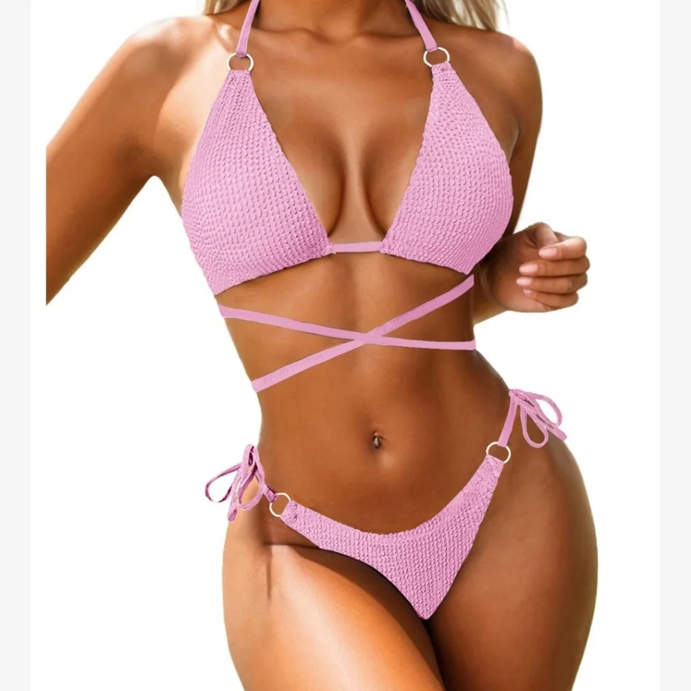 Stunning Pink Women's Swimwear Bikini - Pink New-Adjustable Med Top Large Bottom